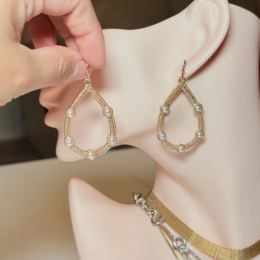 Gold Teardrop Pearl Accent Earrings
